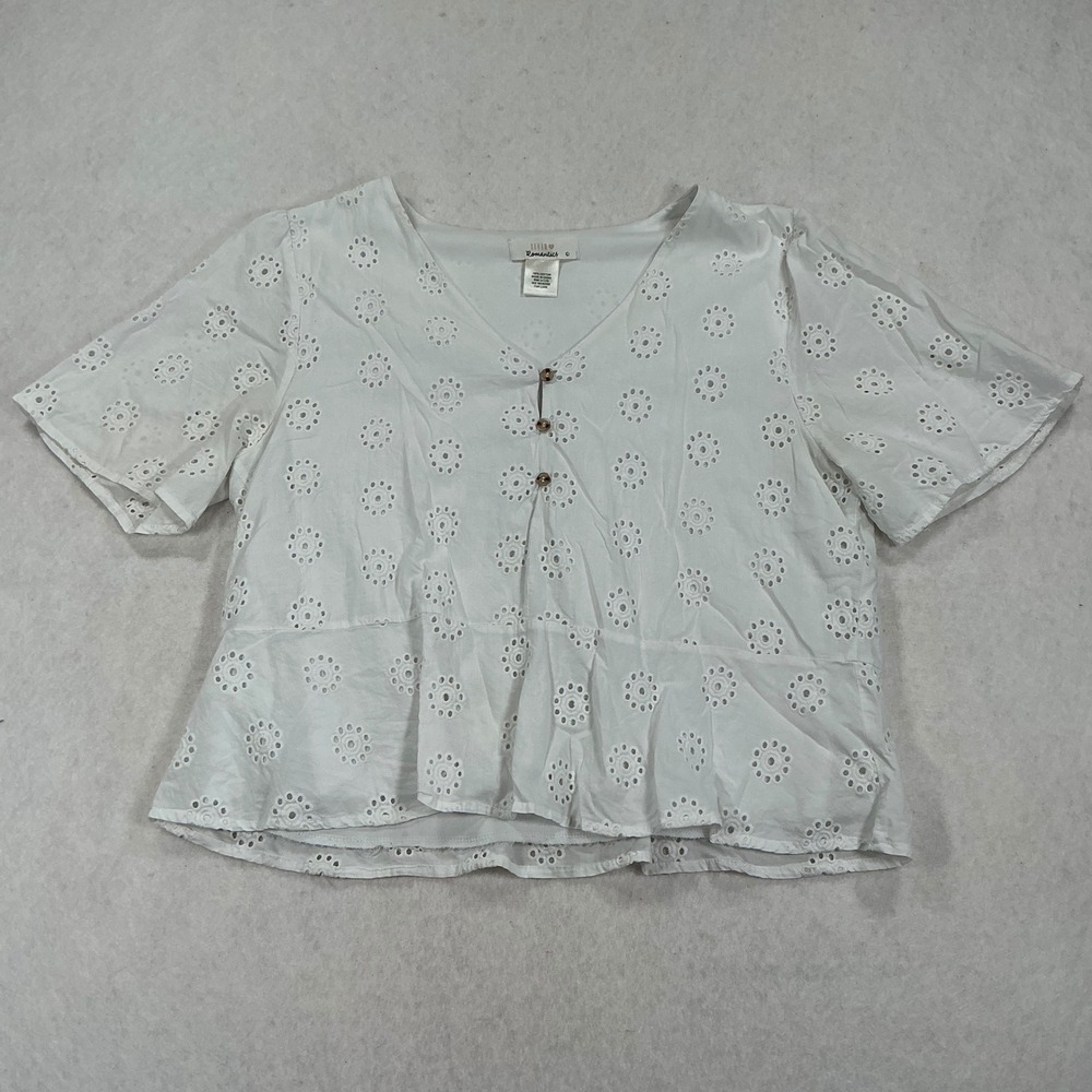 Urban Romantics White Eyelet Cotton Peplum Blouse V-Neck Short Sleeve Top Large